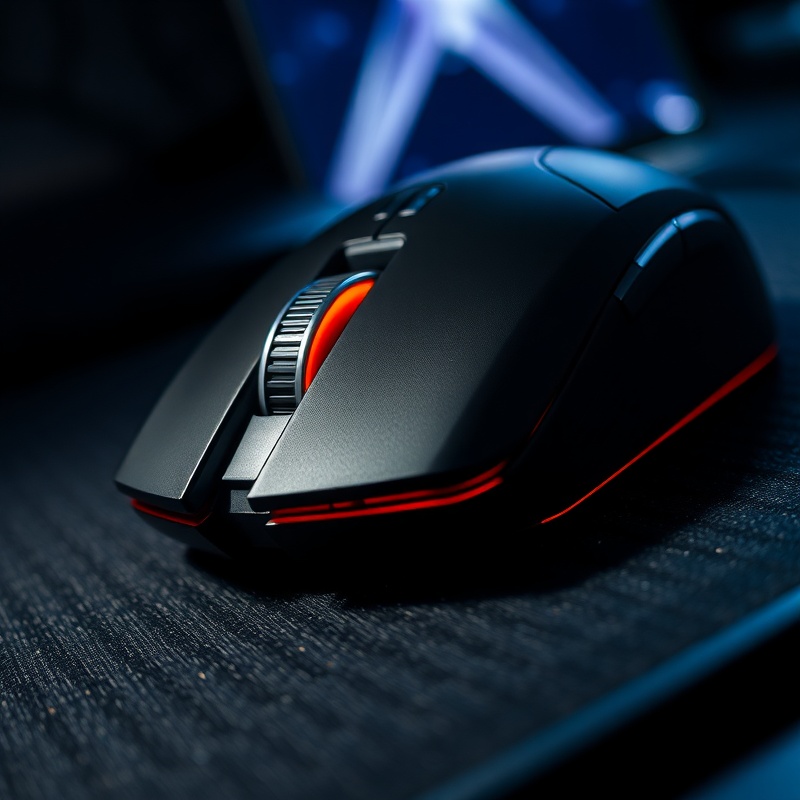Gaming mouse on a desk next to a monitor showing sensitivity settings in a first-person shooter