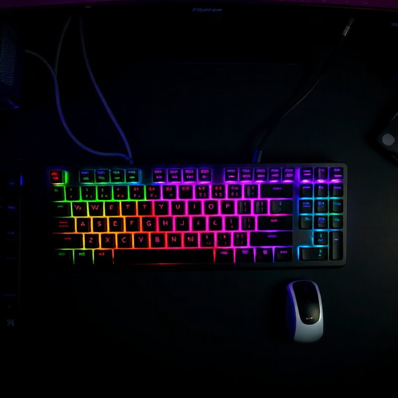 Gaming mouse on a desk next to a mechanical keyboard, showing typical competitive gaming setup with low-DPI settings